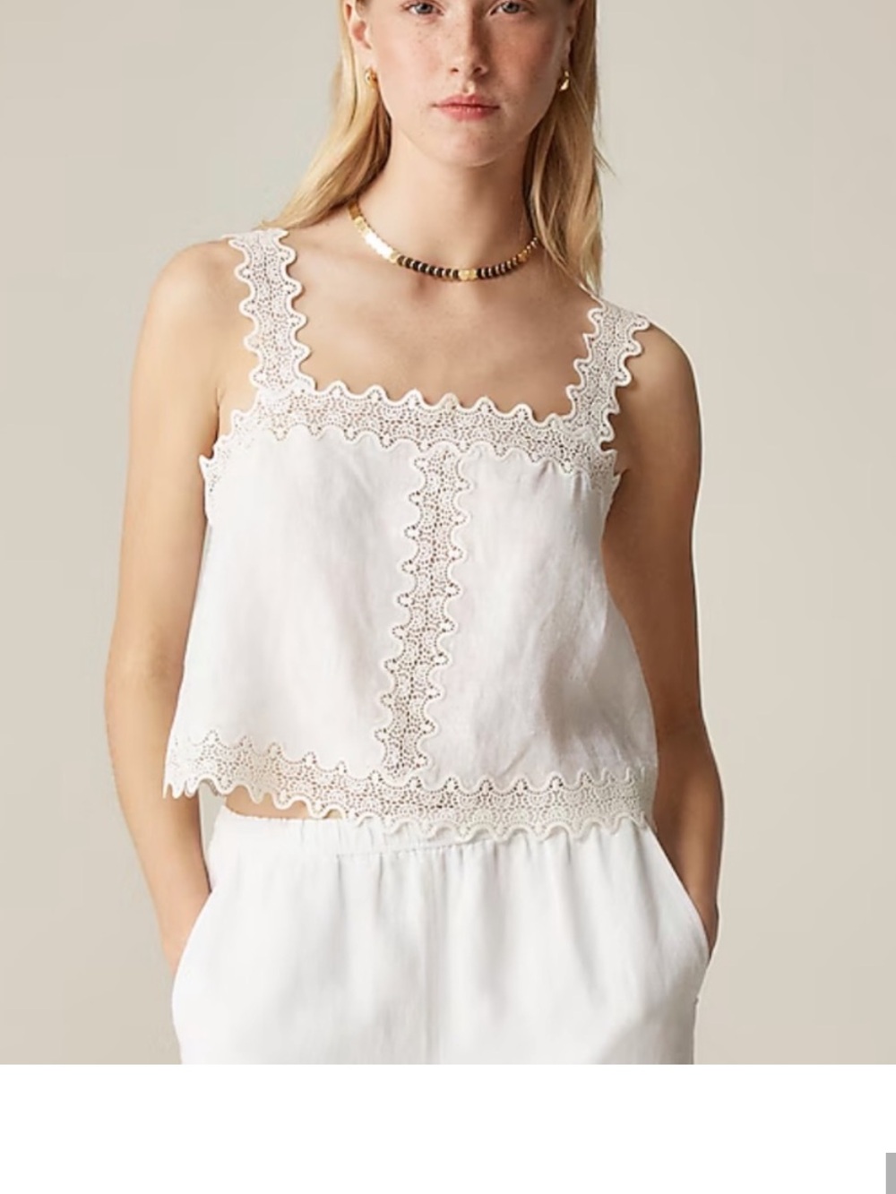 J. Crew White Lace-Trim Square-Neck Linen Camisole